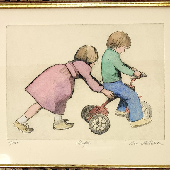 Tricycle Print Signed Matted Framed Numbered 8/150 Drawing Kids Siblings Friends - Picture 2 of 16